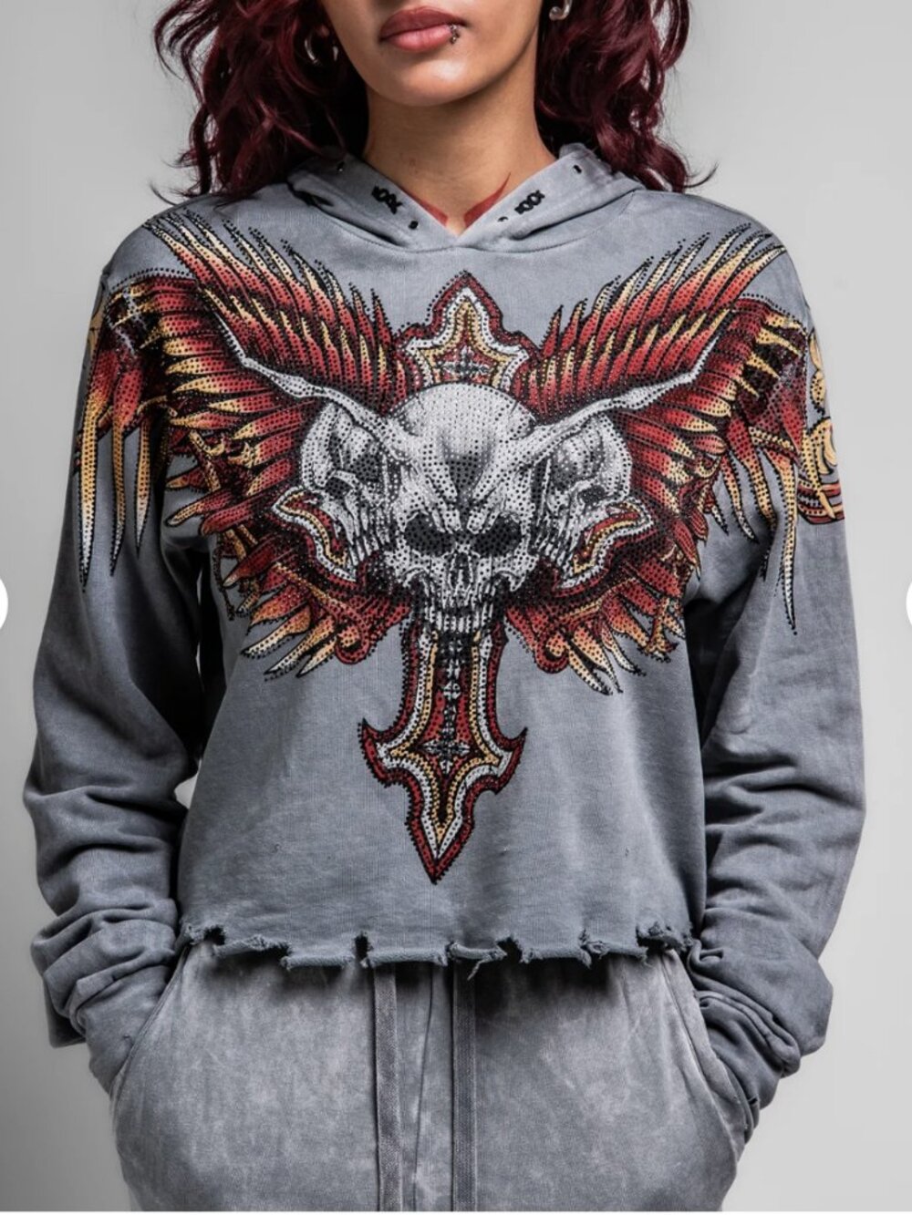 Affliction Hyper Speed Hoodie Size Medium Skull Flames Rhinestones